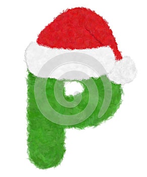 3D Ã¢â¬ÅGreen wool fur feather letterÃ¢â¬Â creative decorative with Red Christmas hat, Character P isolated in white background